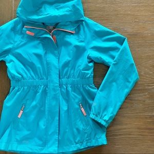 Turquoise rain coat with hood